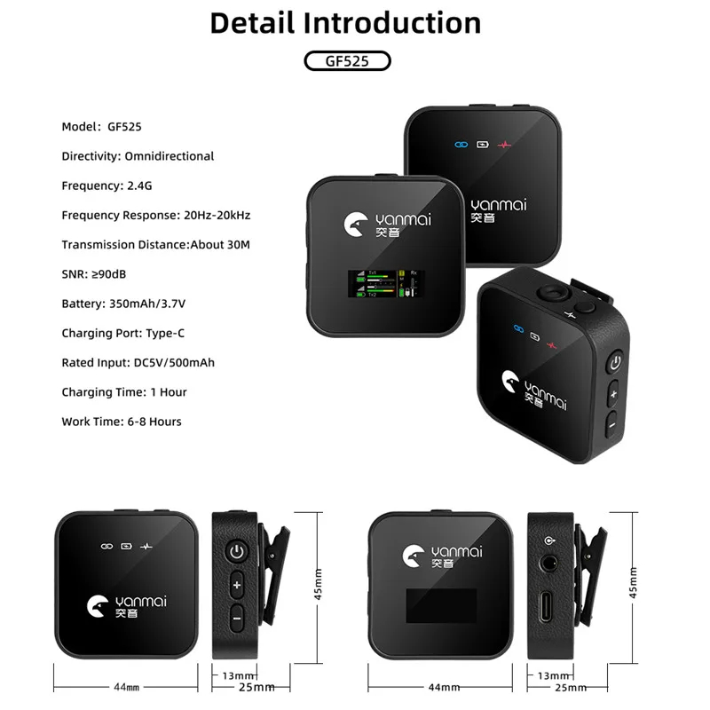 Yanmai GF525 Wireless Lavalier Microphone Bluetooth 2.4GHz Professional for GO PRO II Camera Interview Live Recording Iphone Mobile Phones