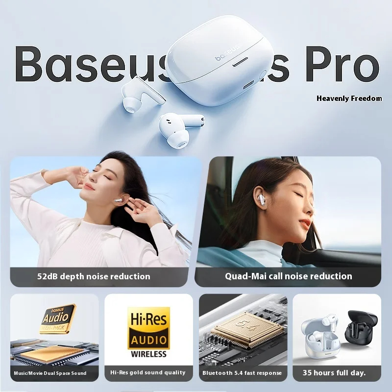 Baseus M2s pro Wireless Earphones Bluetooth 5.4 Support 3D Spatial Audio 4-Mics 52dB Active Noise Cancelling Customized Earbuds