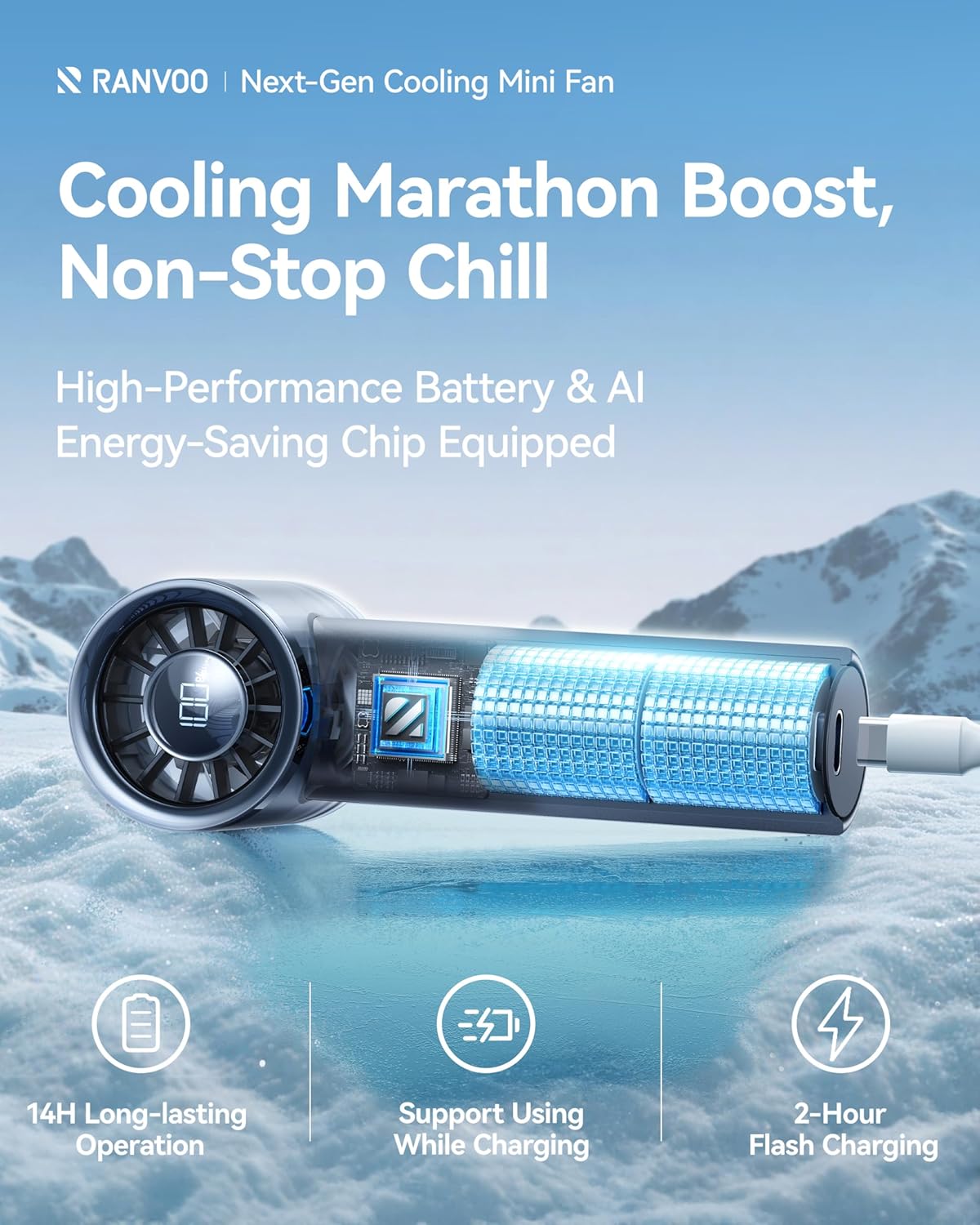 2025 New RANVOO Mini & Powerful Turbo 100 Speeds Cooling Handheld Fan Rechargeable LED Display Personal Fan