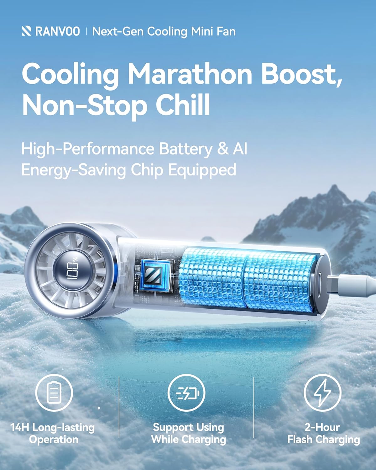 2025 New RANVOO Mini & Powerful Turbo 100 Speeds Cooling Handheld Fan Rechargeable LED Display Personal Fan