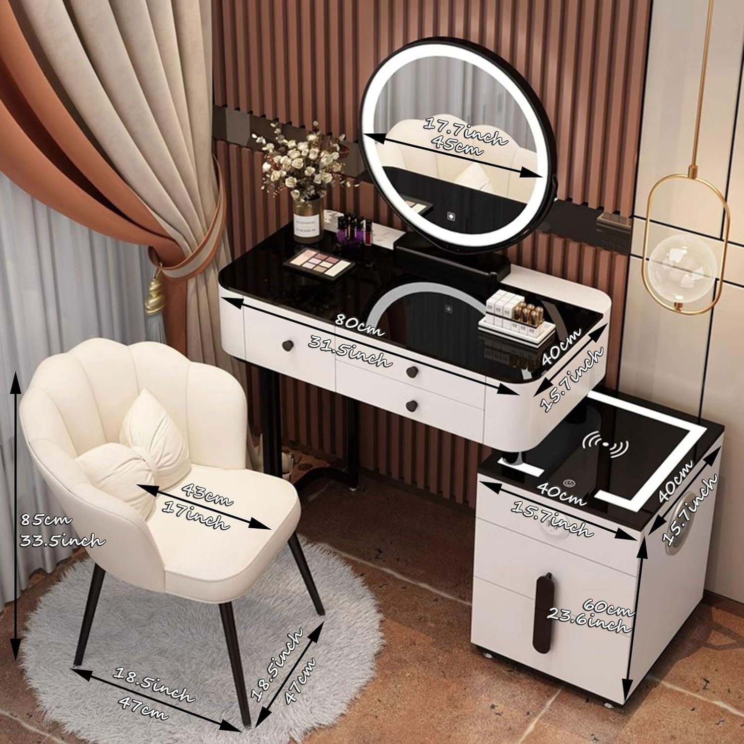 GOOCOO Dressing Table Set - Makeup Vanity Table with Charging Station and Bluetooth Speaker, Contains LED Mirror, 5 Drawers and Chair, Luxury Leather Wrapped, Suitable for Her,White,100cm/39.4inch [Energy Class A]