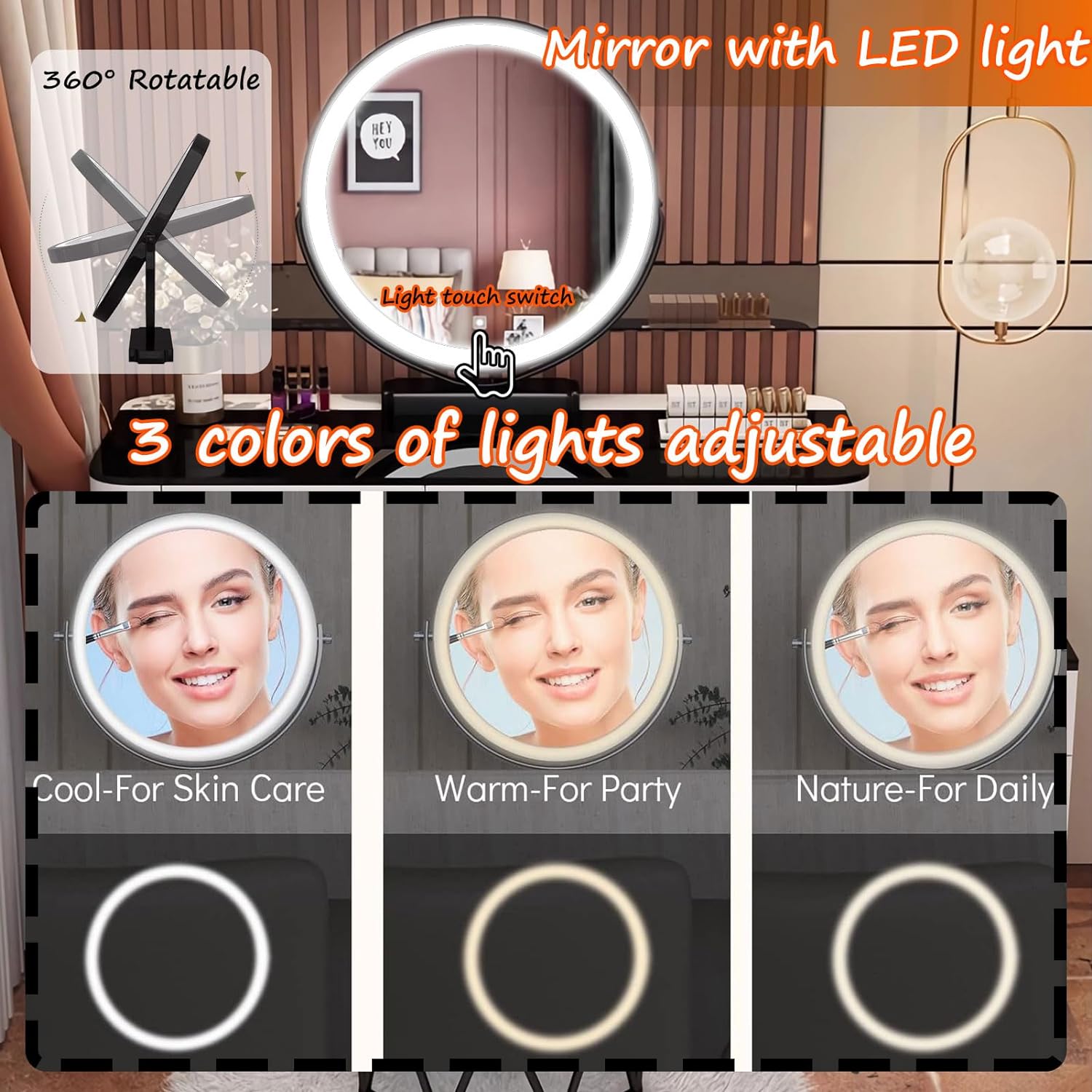 GOOCOO Dressing Table Set - Makeup Vanity Table with Charging Station and Bluetooth Speaker, Contains LED Mirror, 5 Drawers and Chair, Luxury Leather Wrapped, Suitable for Her,White,100cm/39.4inch [Energy Class A]