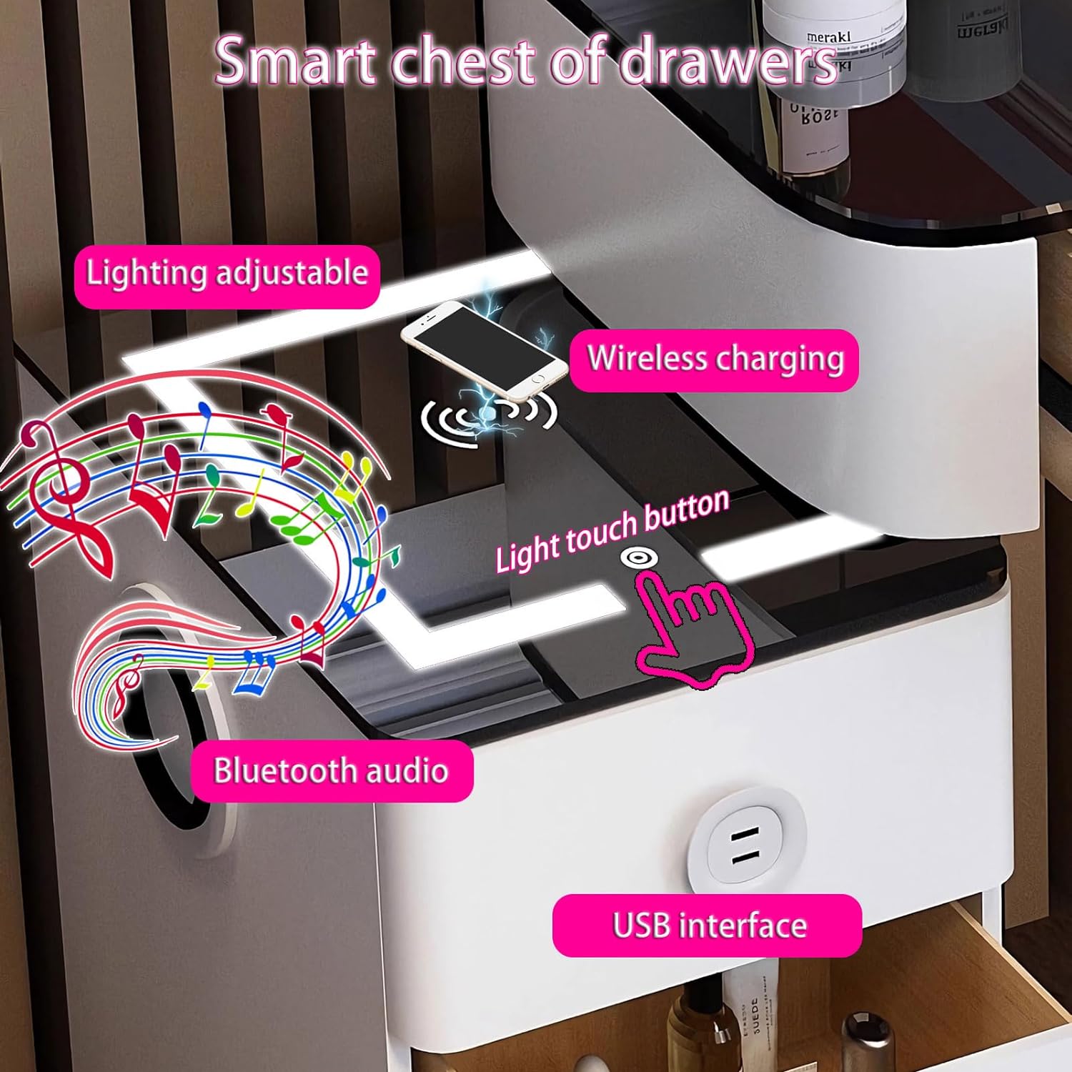 GOOCOO Dressing Table Set - Makeup Vanity Table with Charging Station and Bluetooth Speaker, Contains LED Mirror, 5 Drawers and Chair, Luxury Leather Wrapped, Suitable for Her,White,100cm/39.4inch [Energy Class A]