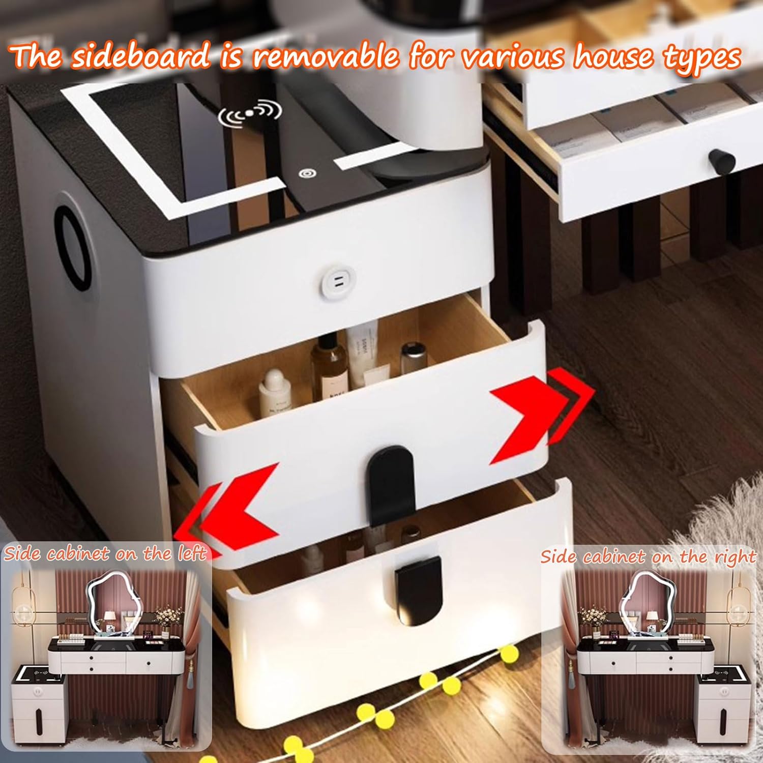 GOOCOO Dressing Table Set - Makeup Vanity Table with Charging Station and Bluetooth Speaker, Contains LED Mirror, 5 Drawers and Chair, Luxury Leather Wrapped, Suitable for Her,White,100cm/39.4inch [Energy Class A]