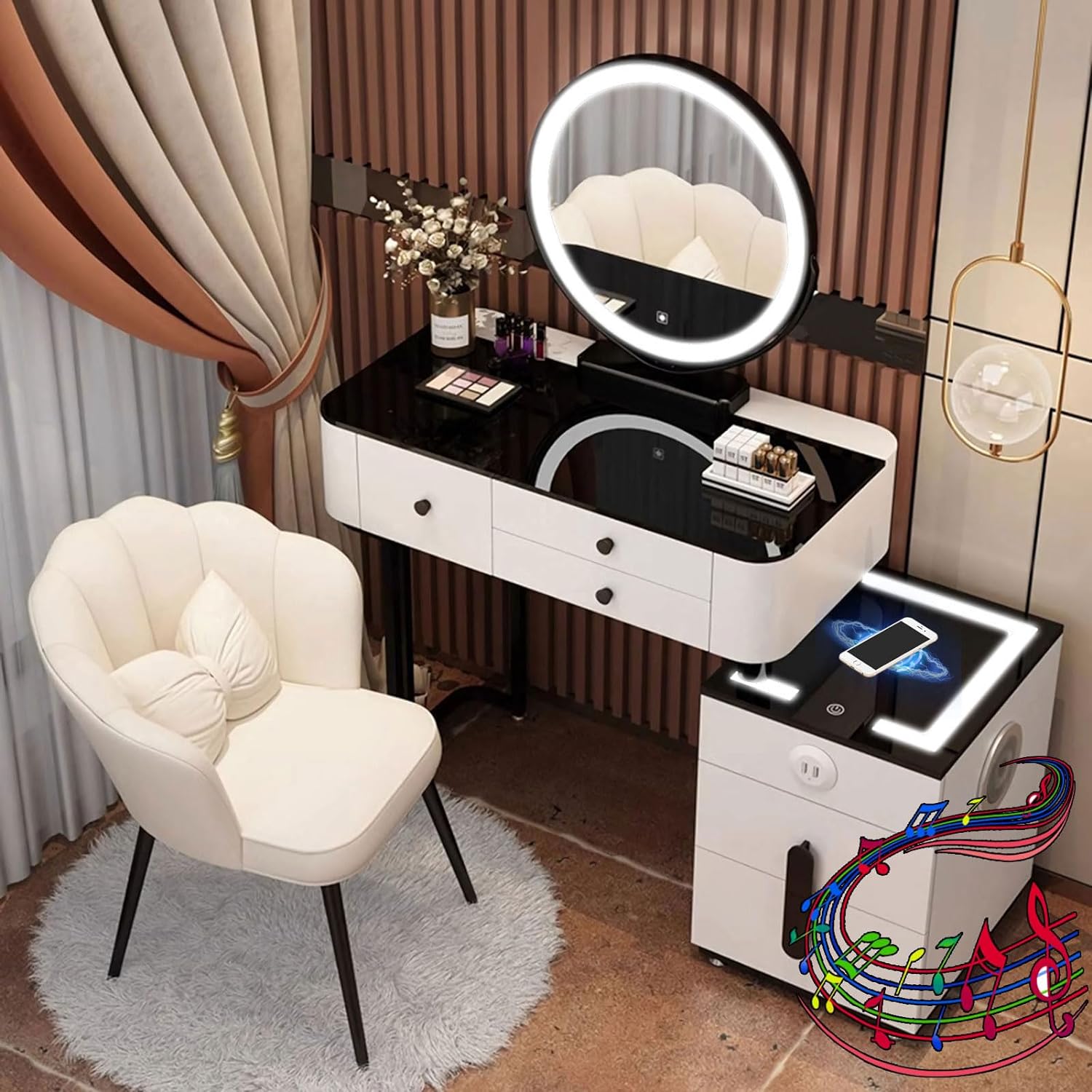 GOOCOO Dressing Table Set - Makeup Vanity Table with Charging Station and Bluetooth Speaker, Contains LED Mirror, 5 Drawers and Chair, Luxury Leather Wrapped, Suitable for Her,White,100cm/39.4inch [Energy Class A]