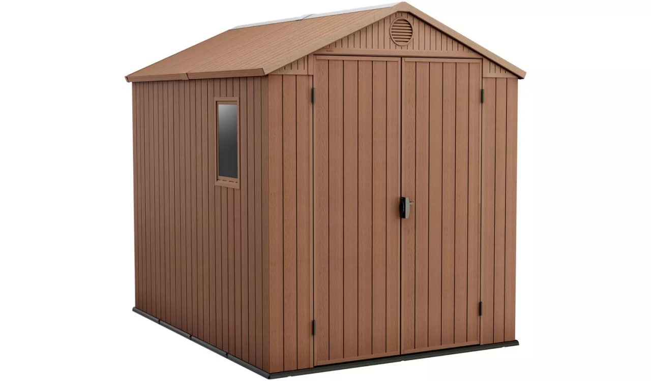 Keter Darwin 6x8 Ft All-Weather Heavy-Duty Resin Outdoor Storage Shed with Double Lockable Doors, Floor Panel, & Built-in Ventilation, Graphite Grey