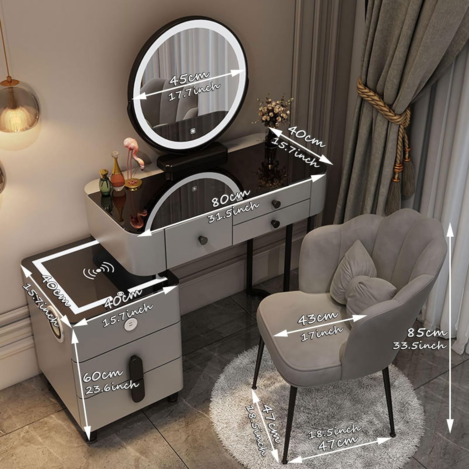 GOOCOO Dressing Table Set - Makeup Vanity Table with Charging Station and Bluetooth Speaker, Contains LED Mirror, 5 Drawers and Chair, Luxury Leather Wrapped, Suitable for Her,White,100cm/39.4inch [Energy Class A]