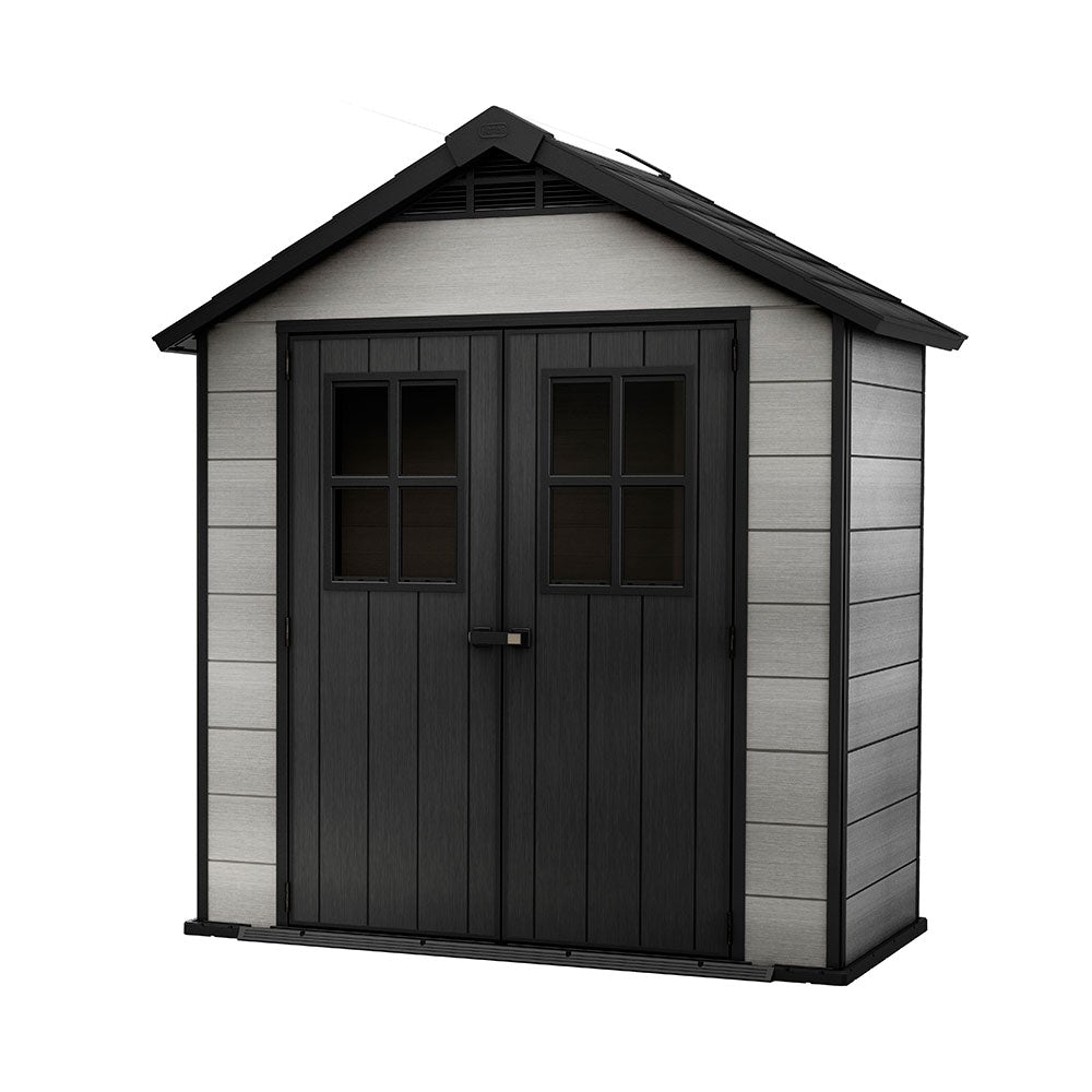 Keter Artisan 8x5 ft. All Weather Storage Shed with Clear Windows and Base, Double Doors, Grey