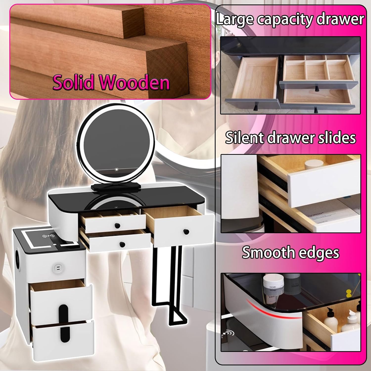 GOOCOO Dressing Table Set - Makeup Vanity Table with Charging Station and Bluetooth Speaker, Contains LED Mirror, 5 Drawers and Chair, Luxury Leather Wrapped, Suitable for Her,White,100cm/39.4inch [Energy Class A]
