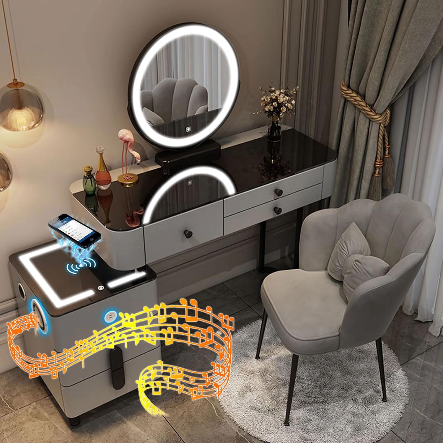 GOOCOO Dressing Table Set - Makeup Vanity Table with Charging Station and Bluetooth Speaker, Contains LED Mirror, 5 Drawers and Chair, Luxury Leather Wrapped, Suitable for Her,White,100cm/39.4inch [Energy Class A]