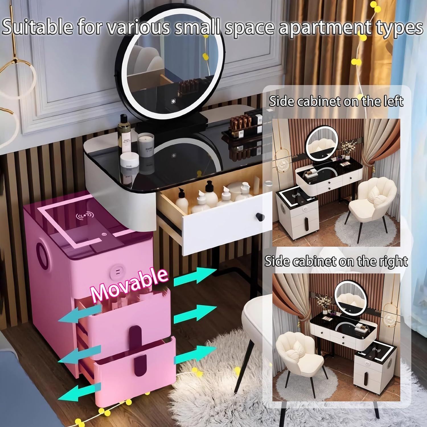 GOOCOO Dressing Table Set - Makeup Vanity Table with Charging Station and Bluetooth Speaker, Contains LED Mirror, 5 Drawers and Chair, Luxury Leather Wrapped, Suitable for Her,White,100cm/39.4inch [Energy Class A]