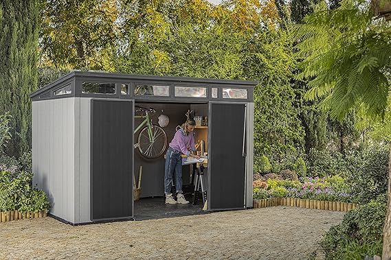 Keter Artisan Outdoor Pent Double Door Garden Storage Shed 11 x 7ft Grey Duotech+ Wood Look and Feel | Fade Free | All Weather Resistant | Safe and Secure | Zero Maintenance | Ltd
