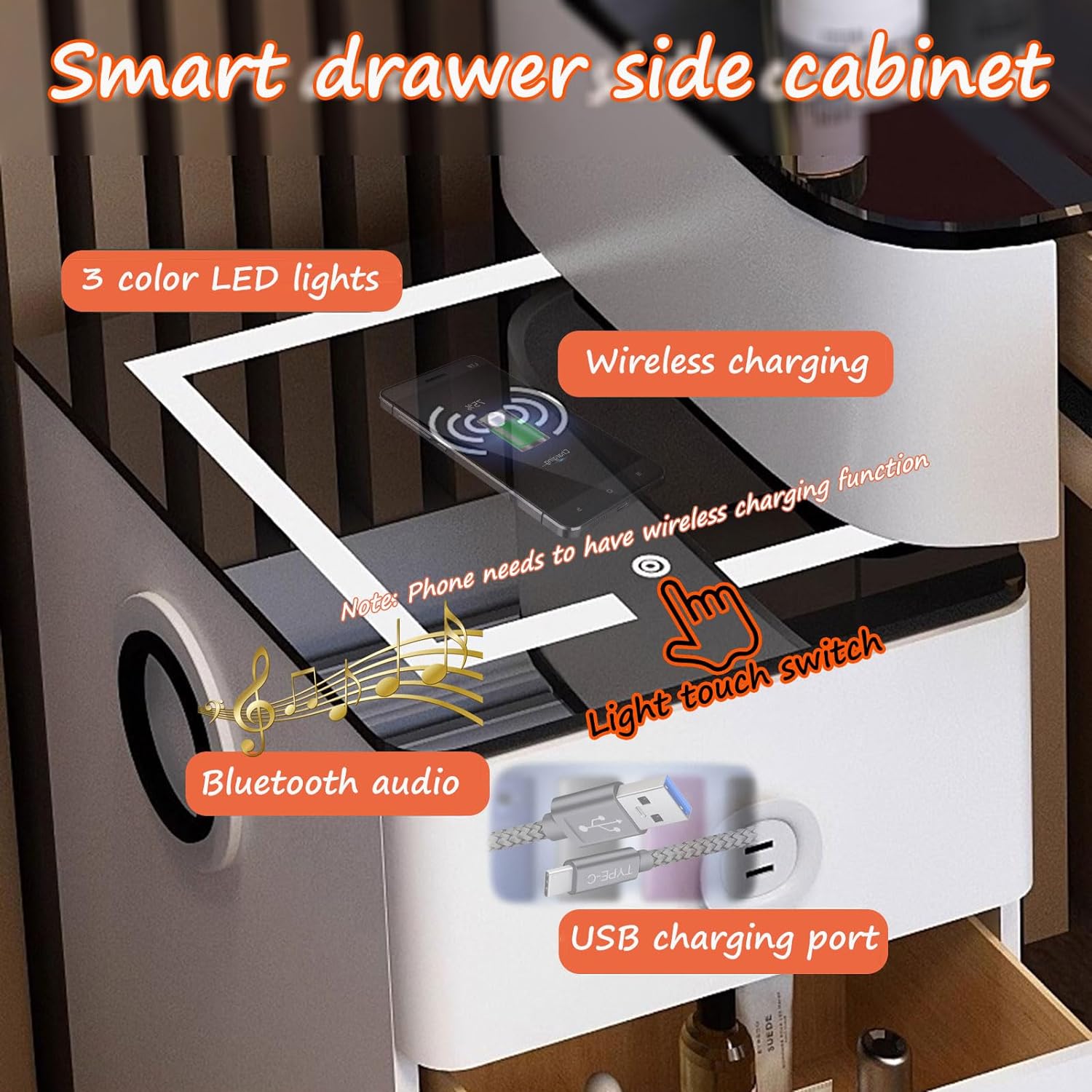 GOOCOO Dressing Table Set - Makeup Vanity Table with Charging Station and Bluetooth Speaker, Contains LED Mirror, 5 Drawers and Chair, Luxury Leather Wrapped, Suitable for Her,White,100cm/39.4inch [Energy Class A]