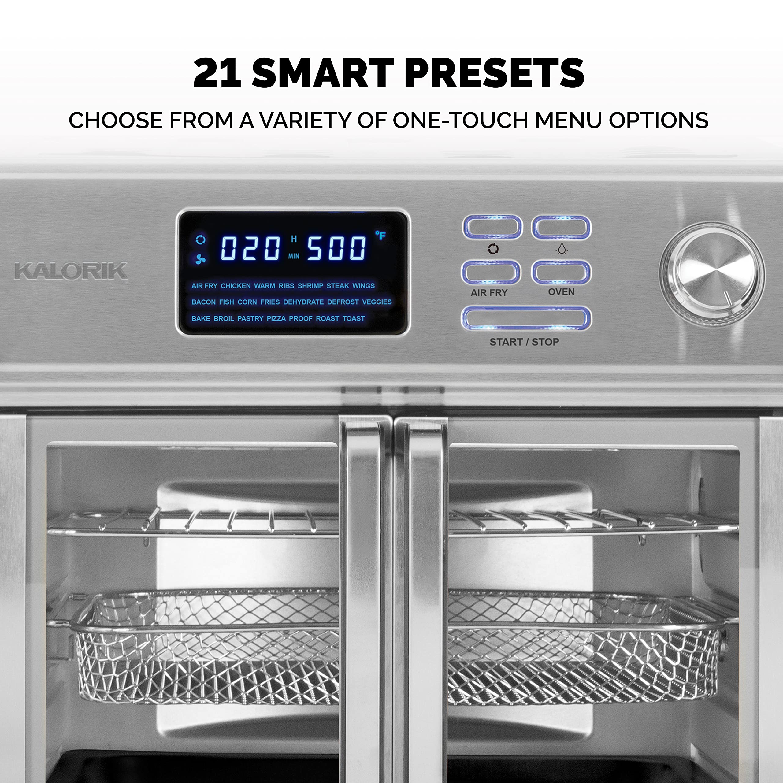 Kalorik 26 QT Digital Maxx Air Fryer Oven with 7 Accessories, Roaster, Broiler, Rotisserie, Dehydrator, Oven, Toaster, Pizza Oven and Slow Cooker. Includes Cookbook. Sears up to 500⁰F. Extra Large Capacity, All in One Appliance. Stainless Steel. AFO