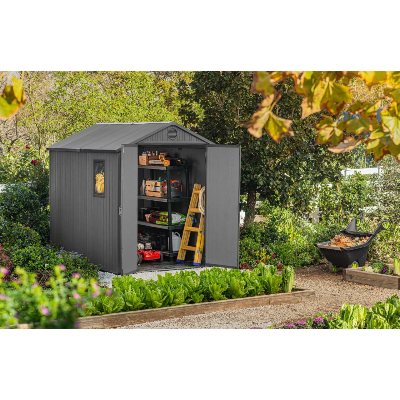 Keter Darwin 6x8 Ft All-Weather Heavy-Duty Resin Outdoor Storage Shed with Double Lockable Doors, Floor Panel, & Built-in Ventilation, Graphite Grey