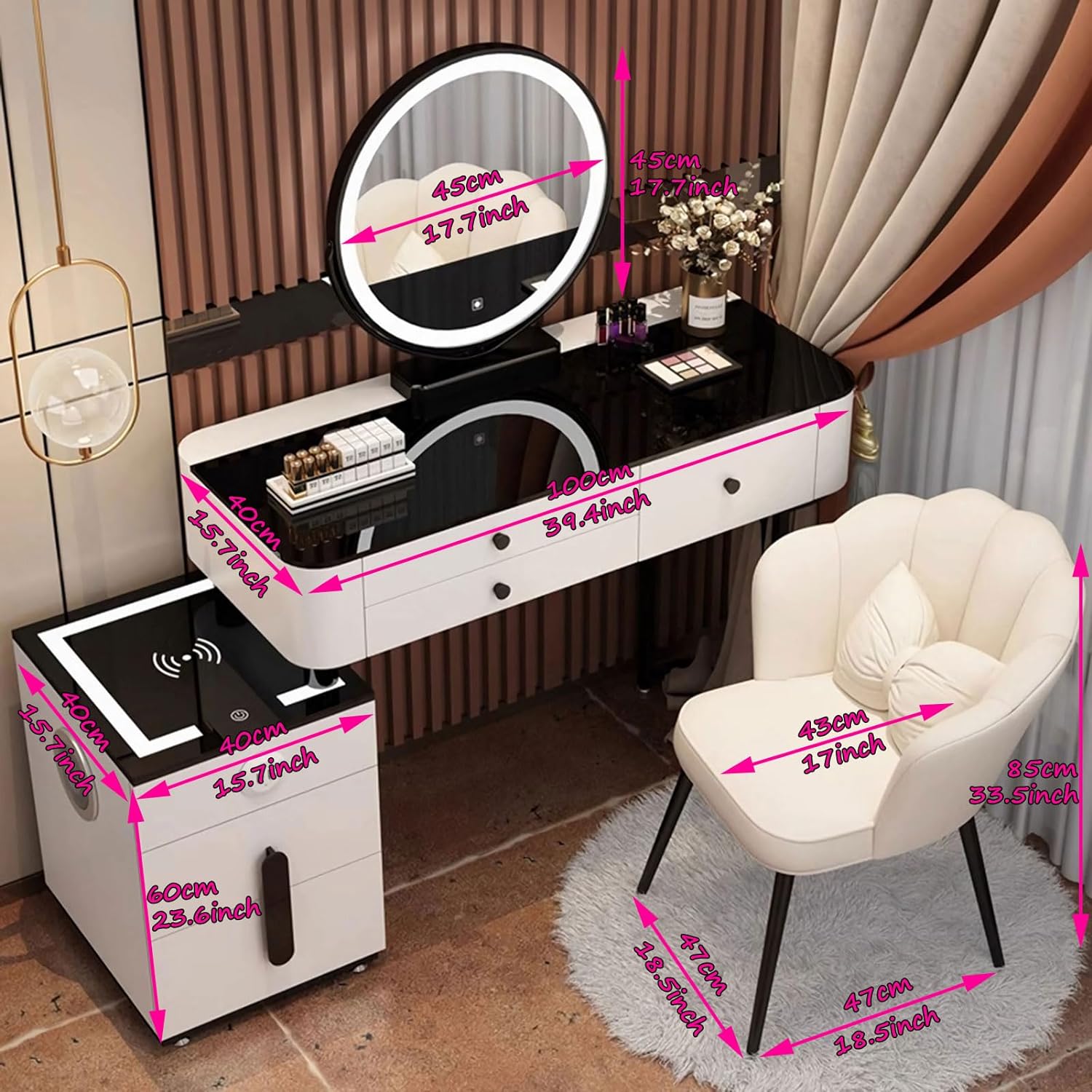 GOOCOO Dressing Table Set - Makeup Vanity Table with Charging Station and Bluetooth Speaker, Contains LED Mirror, 5 Drawers and Chair, Luxury Leather Wrapped, Suitable for Her,White,100cm/39.4inch [Energy Class A]