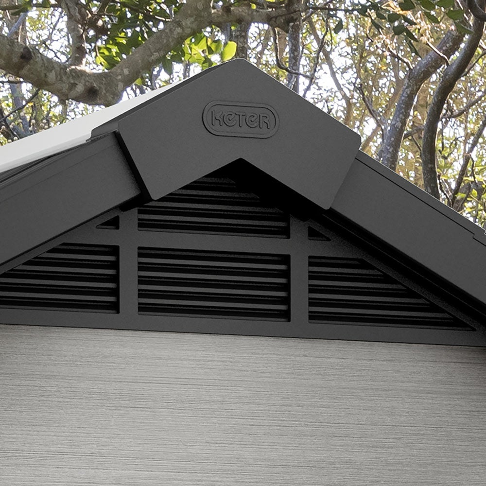 Keter Artisan 8x5 ft. All Weather Storage Shed with Clear Windows and Base, Double Doors, Grey