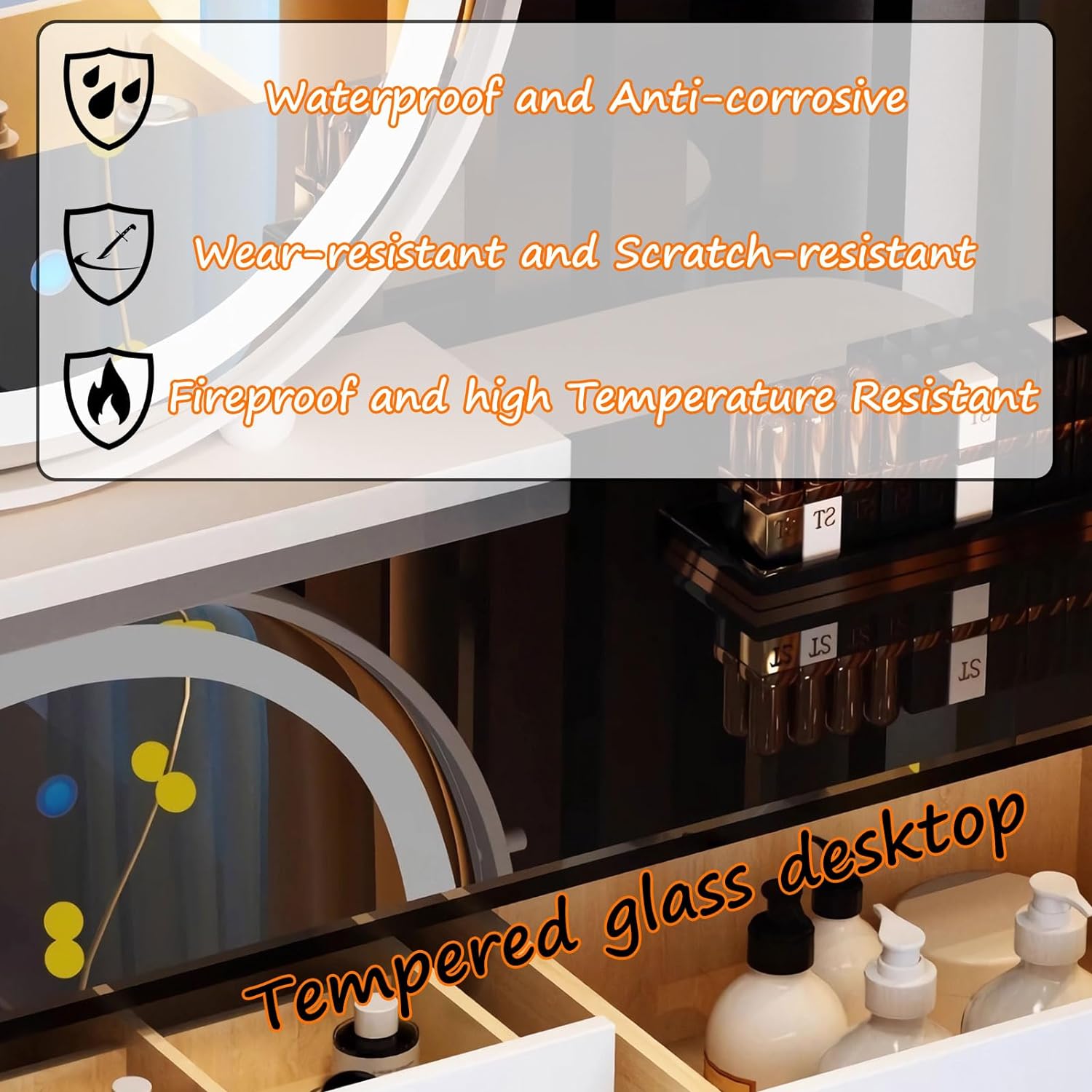 GOOCOO Dressing Table Set - Makeup Vanity Table with Charging Station and Bluetooth Speaker, Contains LED Mirror, 5 Drawers and Chair, Luxury Leather Wrapped, Suitable for Her,White,100cm/39.4inch [Energy Class A]