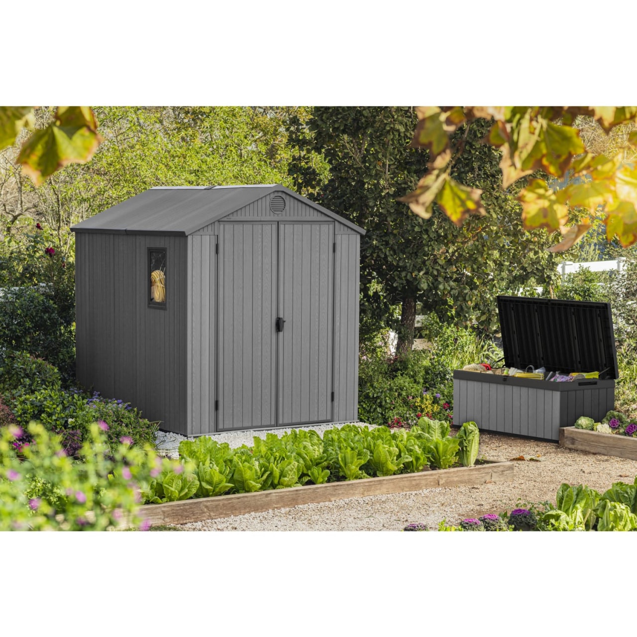 Keter Darwin 6x8 Ft All-Weather Heavy-Duty Resin Outdoor Storage Shed with Double Lockable Doors, Floor Panel, & Built-in Ventilation, Graphite Grey