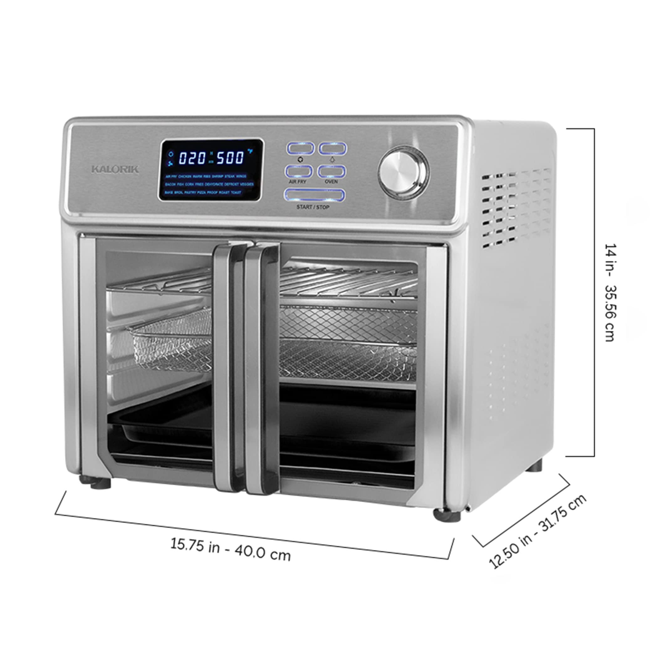 Kalorik 26 QT Digital Maxx Air Fryer Oven with 7 Accessories, Roaster, Broiler, Rotisserie, Dehydrator, Oven, Toaster, Pizza Oven and Slow Cooker. Includes Cookbook. Sears up to 500⁰F. Extra Large Capacity, All in One Appliance. Stainless Steel. AFO