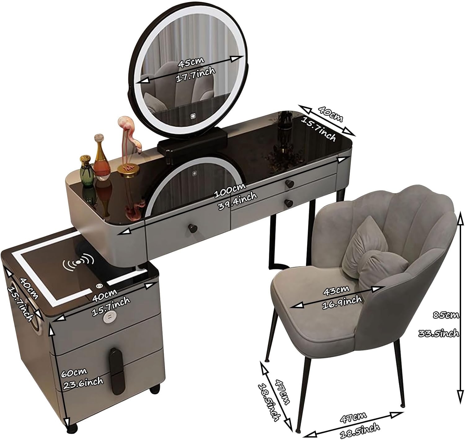 GOOCOO Dressing Table Set - Makeup Vanity Table with Charging Station and Bluetooth Speaker, Contains LED Mirror, 5 Drawers and Chair, Luxury Leather Wrapped, Suitable for Her,White,100cm/39.4inch [Energy Class A]