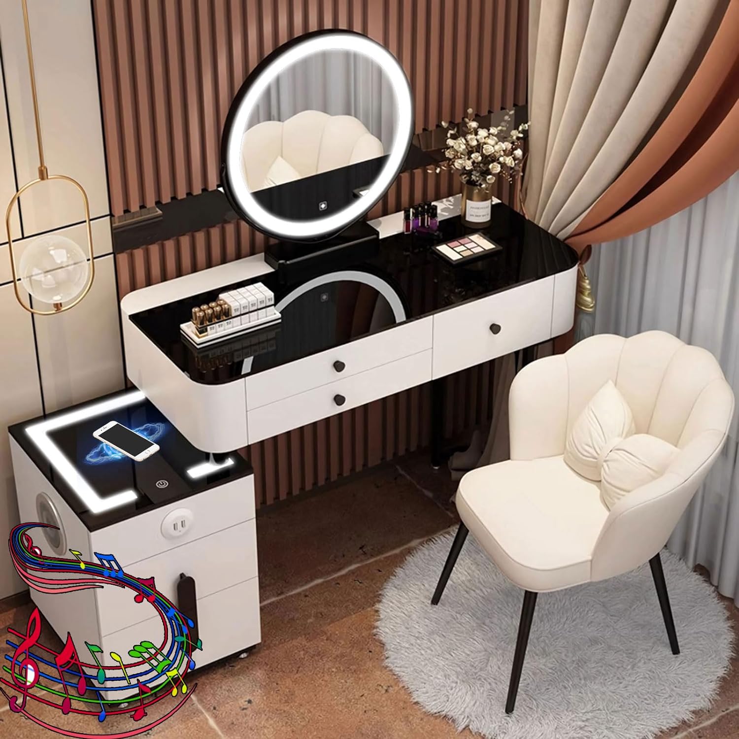 GOOCOO Dressing Table Set - Makeup Vanity Table with Charging Station and Bluetooth Speaker, Contains LED Mirror, 5 Drawers and Chair, Luxury Leather Wrapped, Suitable for Her,White,100cm/39.4inch [Energy Class A]