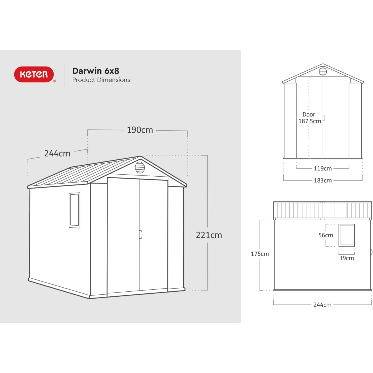Keter Darwin 6x8 Ft All-Weather Heavy-Duty Resin Outdoor Storage Shed with Double Lockable Doors, Floor Panel, & Built-in Ventilation, Graphite Grey