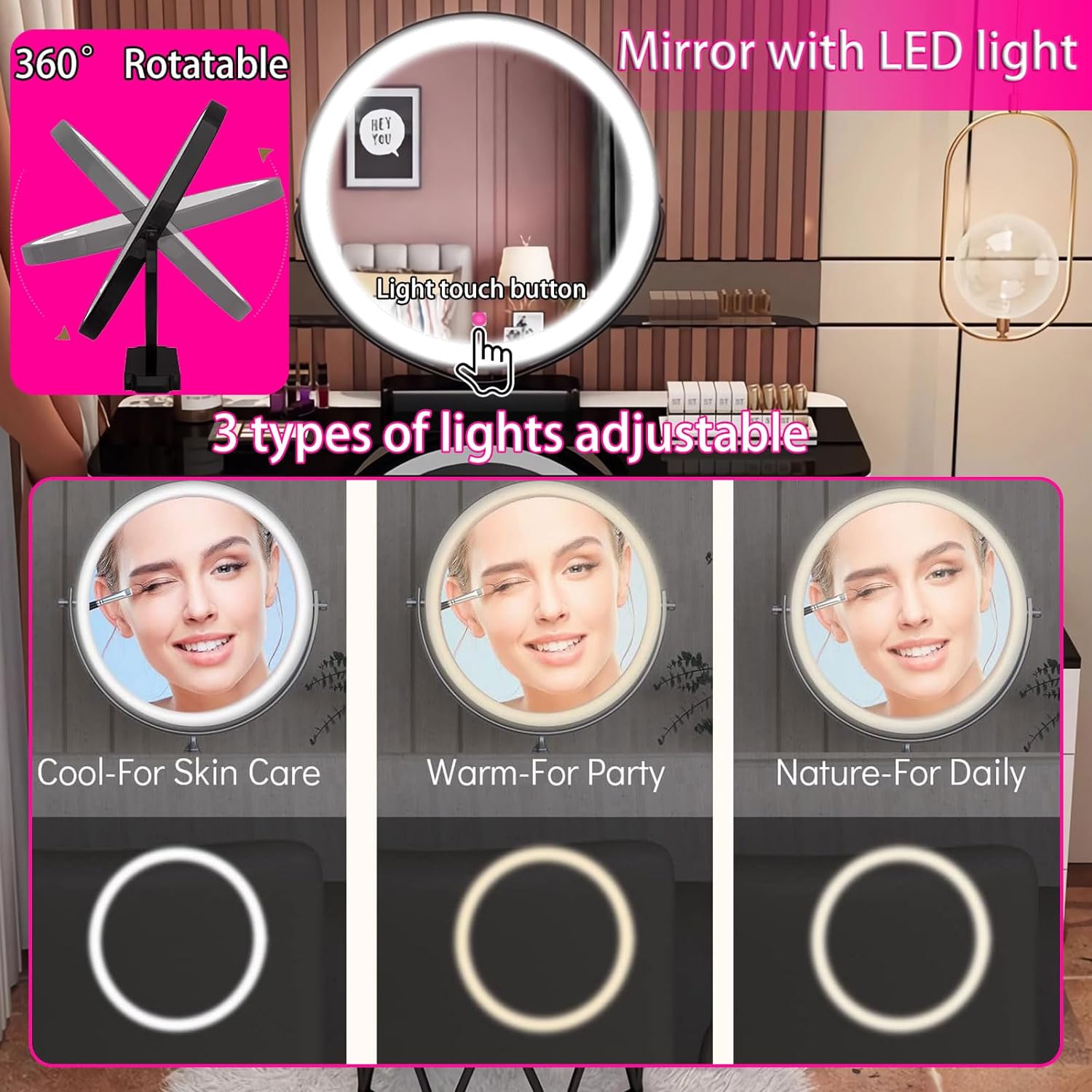 GOOCOO Dressing Table Set - Makeup Vanity Table with Charging Station and Bluetooth Speaker, Contains LED Mirror, 5 Drawers and Chair, Luxury Leather Wrapped, Suitable for Her,White,100cm/39.4inch [Energy Class A]