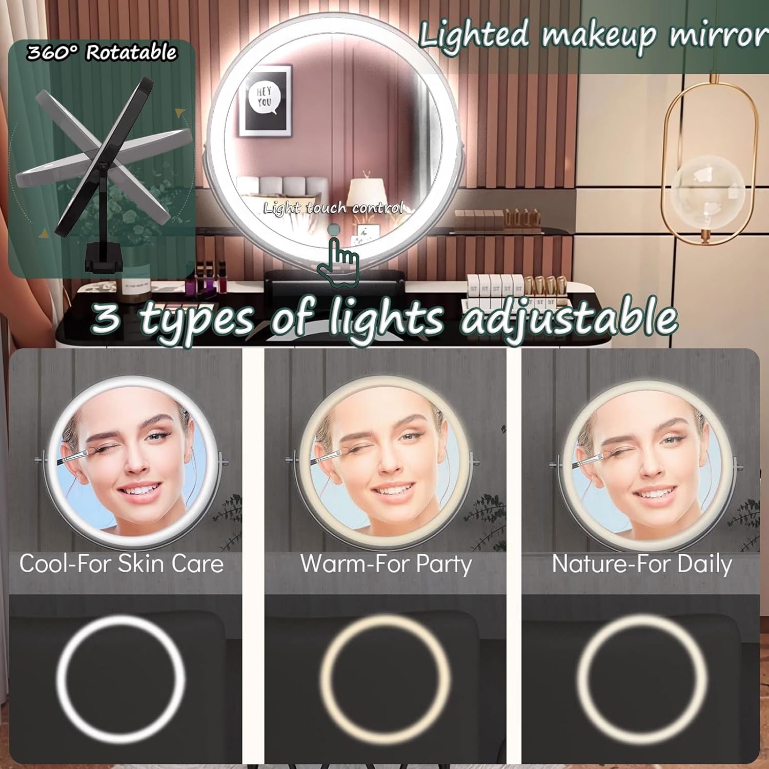 GOOCOO Dressing Table Set - Makeup Vanity Table with Charging Station and Bluetooth Speaker, Contains LED Mirror, 5 Drawers and Chair, Luxury Leather Wrapped, Suitable for Her,White,100cm/39.4inch [Energy Class A]