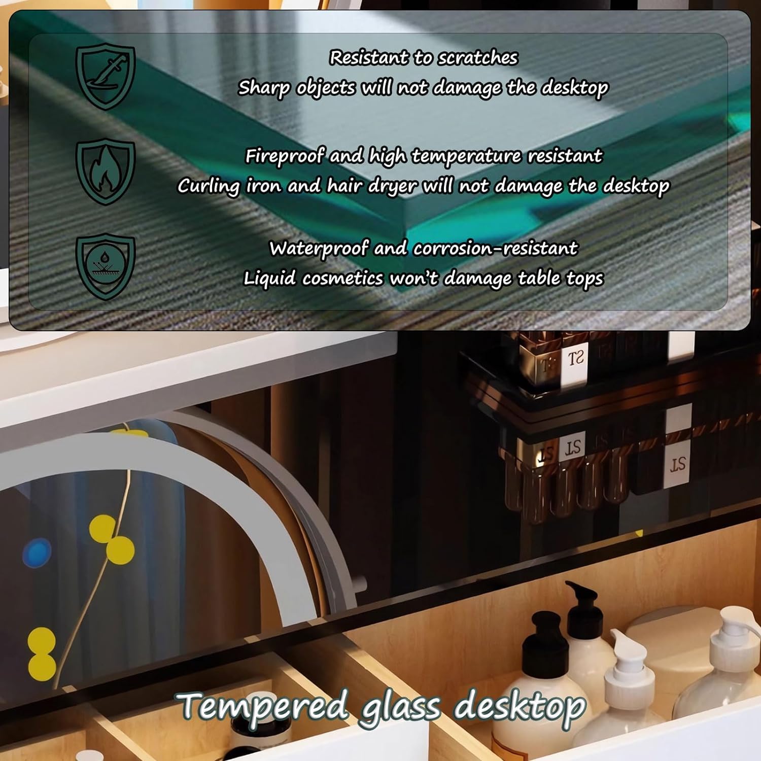 GOOCOO Dressing Table Set - Makeup Vanity Table with Charging Station and Bluetooth Speaker, Contains LED Mirror, 5 Drawers and Chair, Luxury Leather Wrapped, Suitable for Her,White,100cm/39.4inch [Energy Class A]