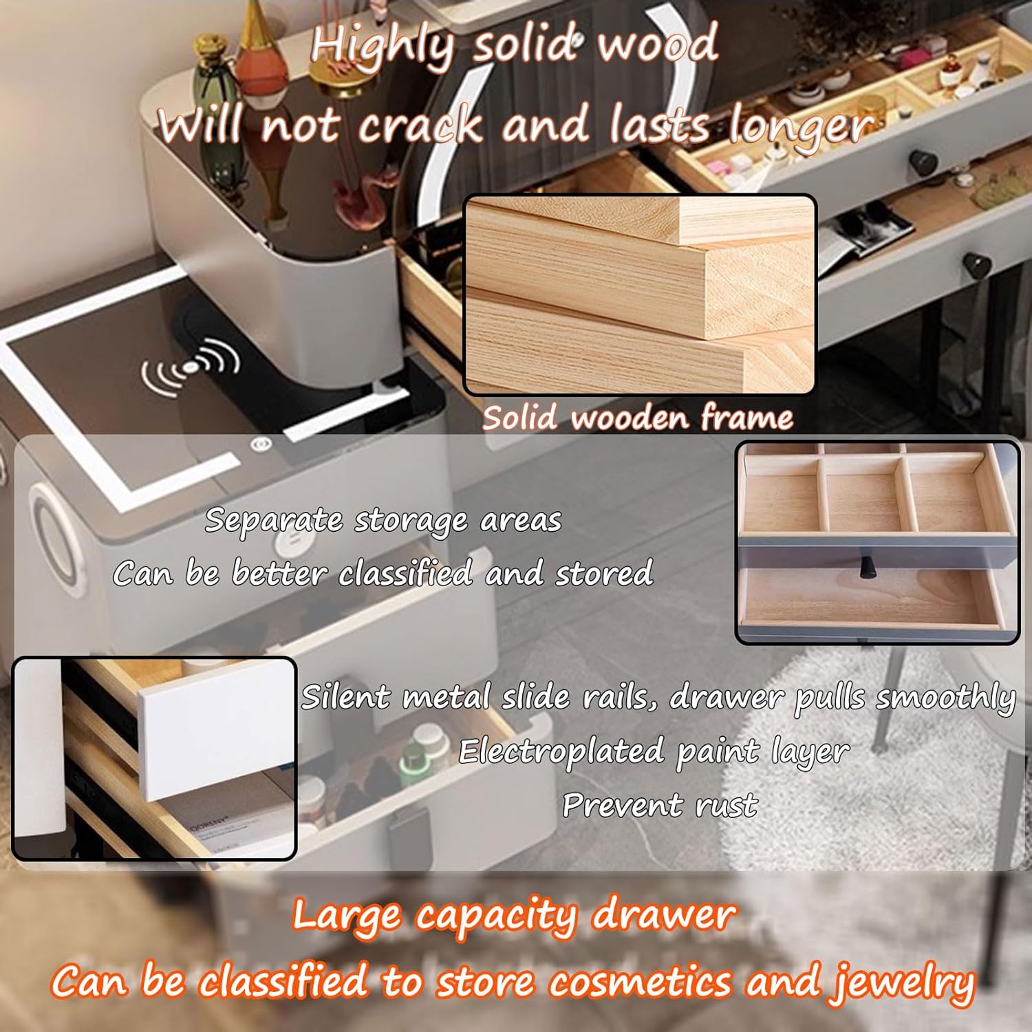 GOOCOO Dressing Table Set - Makeup Vanity Table with Charging Station and Bluetooth Speaker, Contains LED Mirror, 5 Drawers and Chair, Luxury Leather Wrapped, Suitable for Her,White,100cm/39.4inch [Energy Class A]