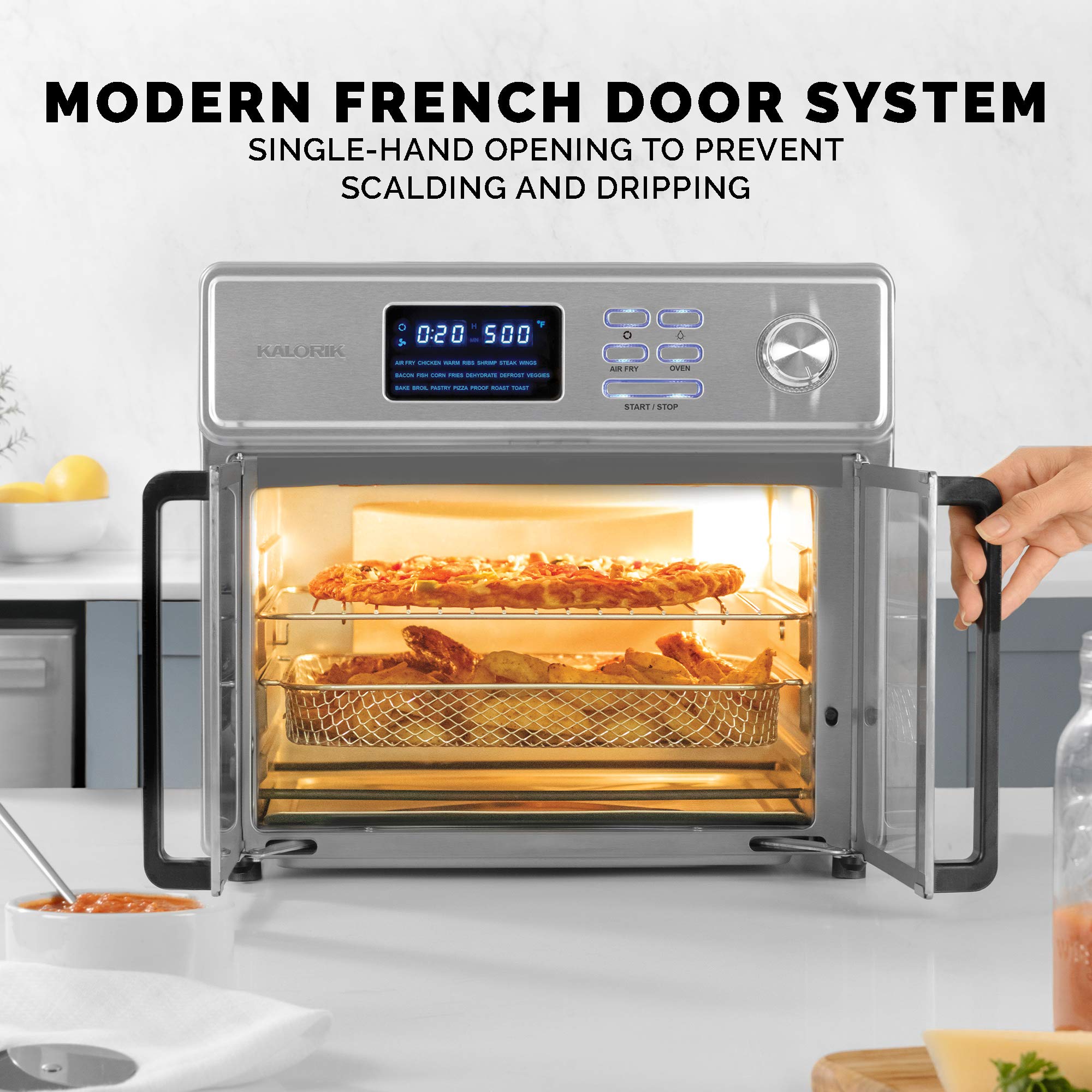 Kalorik 26 QT Digital Maxx Air Fryer Oven with 7 Accessories, Roaster, Broiler, Rotisserie, Dehydrator, Oven, Toaster, Pizza Oven and Slow Cooker. Includes Cookbook. Sears up to 500⁰F. Extra Large Capacity, All in One Appliance. Stainless Steel. AFO