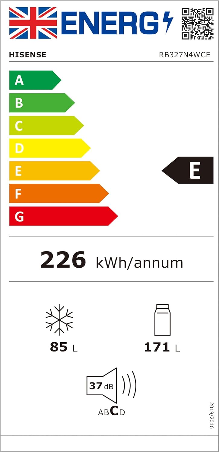 Hisense RB327N4WCE 55cm Freestanding 50/50 Fridge Freezer - 256 litre capacity - Total No Frost - Non-plumbed Water Dispenser - Silver - E Rated, H182.4 x W55 x D55.6 (cm) [Energy Class E]