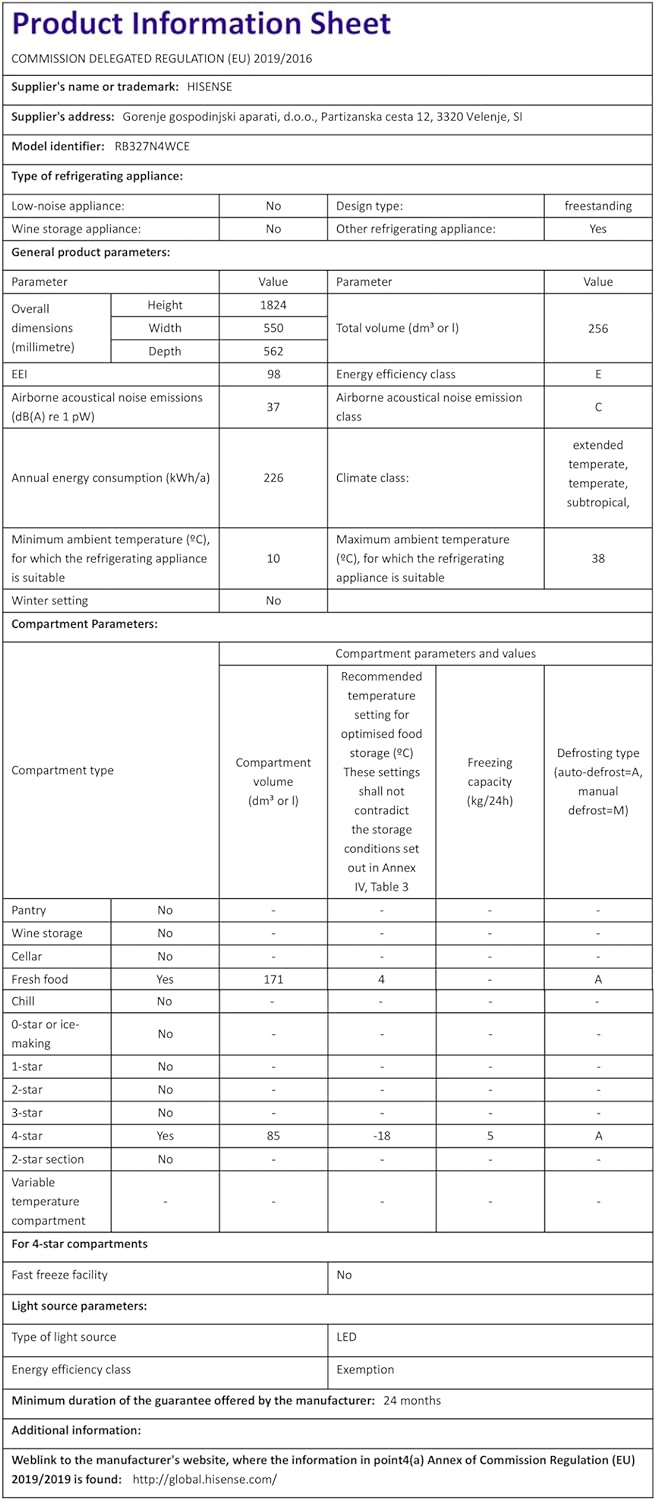 Hisense RB327N4WCE 55cm Freestanding 50/50 Fridge Freezer - 256 litre capacity - Total No Frost - Non-plumbed Water Dispenser - Silver - E Rated, H182.4 x W55 x D55.6 (cm) [Energy Class E]