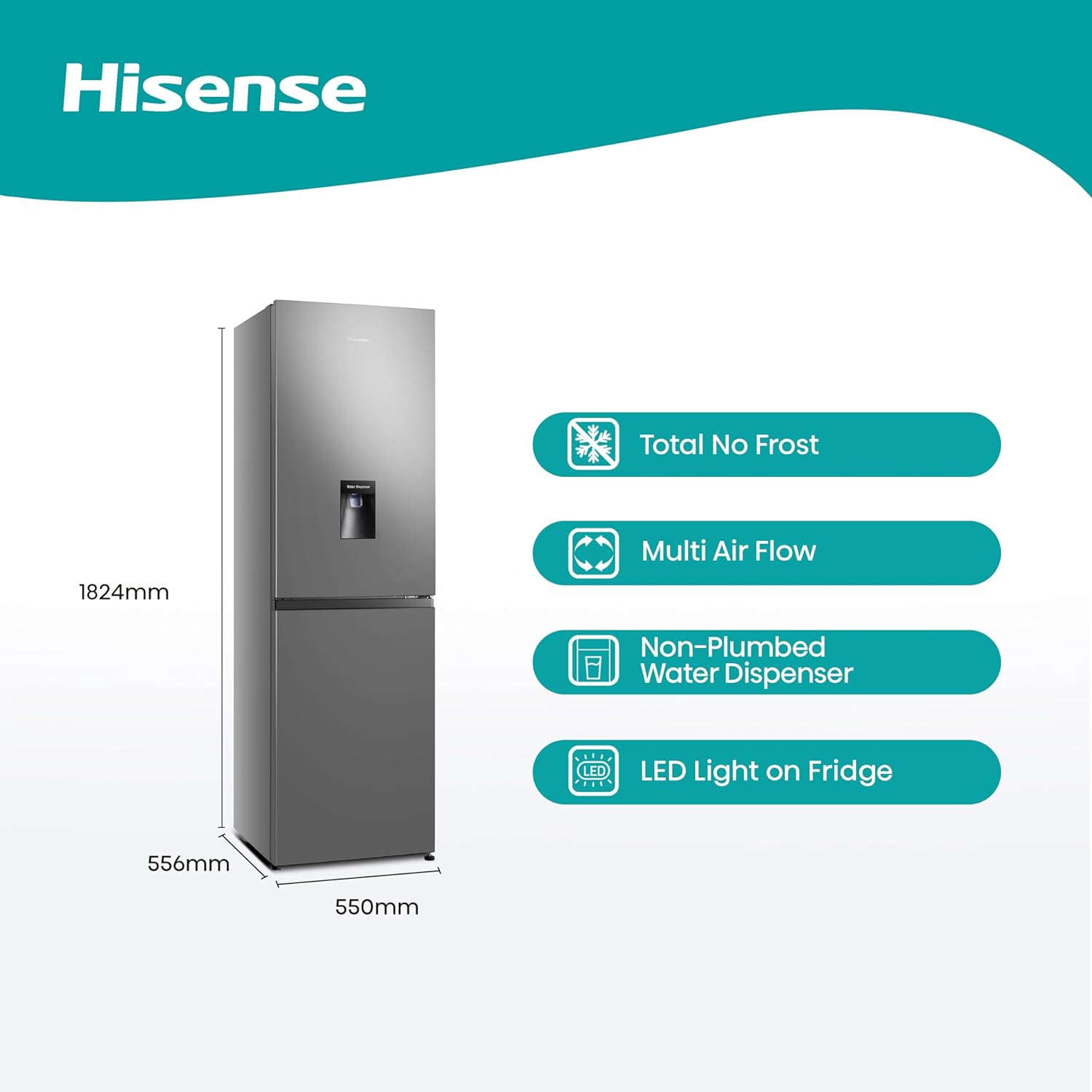 Hisense RB327N4WCE 55cm Freestanding 50/50 Fridge Freezer - 256 litre capacity - Total No Frost - Non-plumbed Water Dispenser - Silver - E Rated, H182.4 x W55 x D55.6 (cm) [Energy Class E]