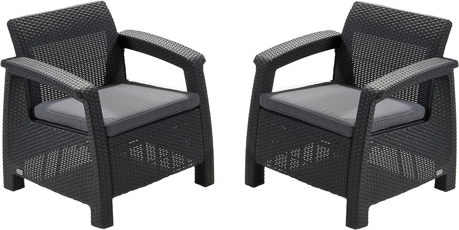 Keter GF06784 Corfu Outdoor 4 Seater Rattan Sofa Furniture Set with Accent Table - Graphite with Cream/Mushroom Cushions