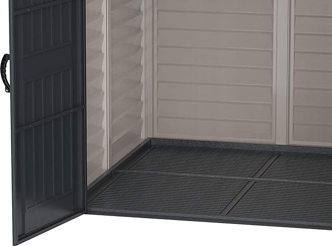 Duramax StoreMate PLUS 6 x 6 (3.65 m2) Plastic Garden Shed with Heavy-Duty Plastic Floor & Fixed Window, Strong Metal Roof Structure, Fire Retardant & Maintenance-Free Storage Shed, Dark Grey & Adobe