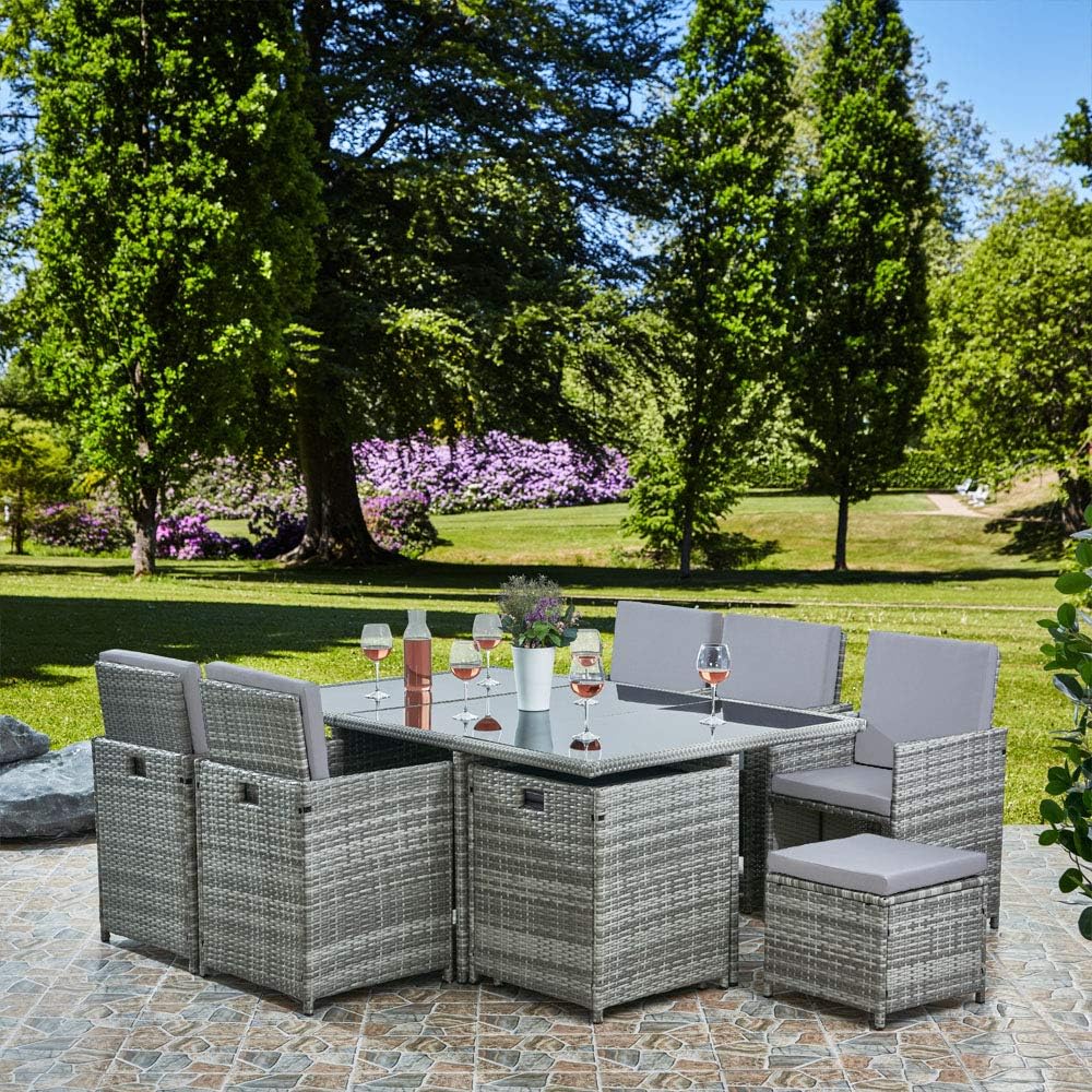 RayGar Deluxe 11 Piece 10 Seater Rattan Cube Dining Table Garden Furniture Patio Set with Cushions (Gray/Black)