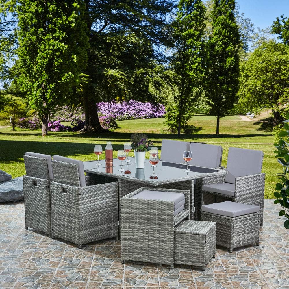 RayGar Deluxe 11 Piece 10 Seater Rattan Cube Dining Table Garden Furniture Patio Set with Cushions (Gray/Black)