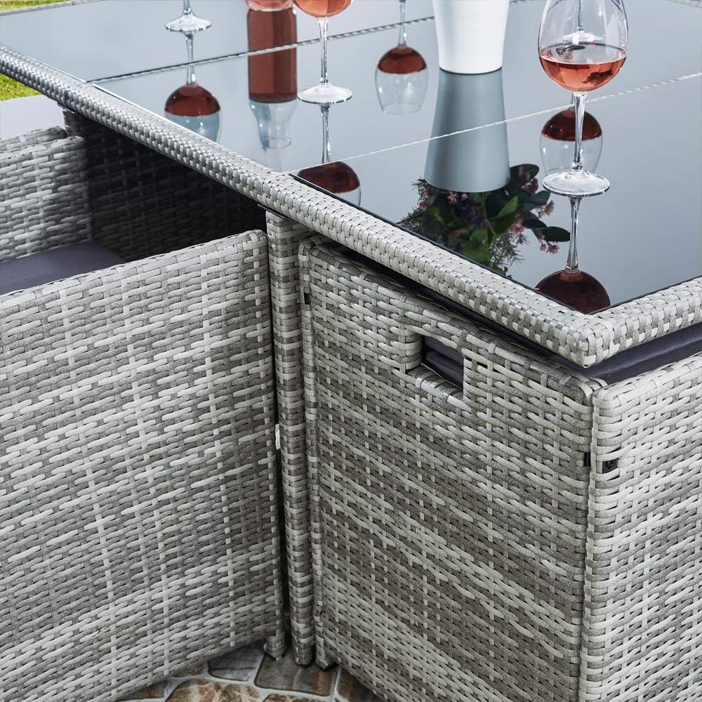 RayGar Deluxe 11 Piece 10 Seater Rattan Cube Dining Table Garden Furniture Patio Set with Cushions (Gray/Black)