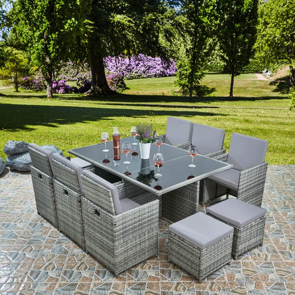 RayGar Deluxe 11 Piece 10 Seater Rattan Cube Dining Table Garden Furniture Patio Set with Cushions (Gray/Black)