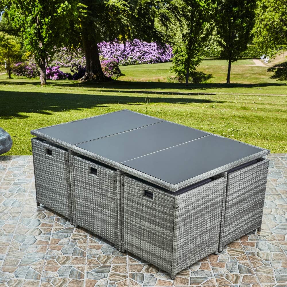 RayGar Deluxe 11 Piece 10 Seater Rattan Cube Dining Table Garden Furniture Patio Set with Cushions (Gray/Black)
