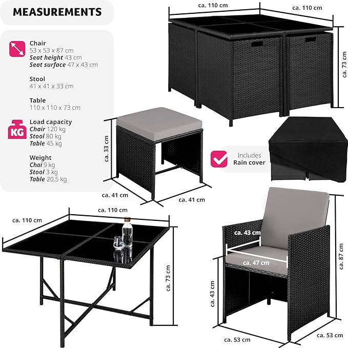 TecTake® Polyrattan Garden Furniture Set with Aluminium Base, Including 4 Dining Chairs, 1 Table, 4 Stools, Foldable Garden Lounge Set, For Up To 8 People, Patio Furniture - grey