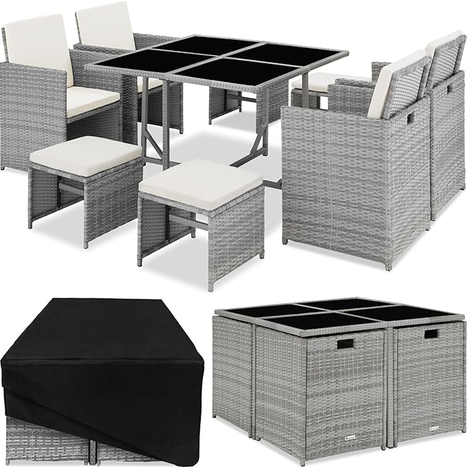 TecTake® Polyrattan Garden Furniture Set with Aluminium Base, Including 4 Dining Chairs, 1 Table, 4 Stools, Foldable Garden Lounge Set, For Up To 8 People, Patio Furniture - grey