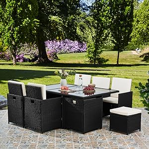 RayGar Deluxe 11 Piece 10 Seater Rattan Cube Dining Table Garden Furniture Patio Set with Cushions (Gray/Black)