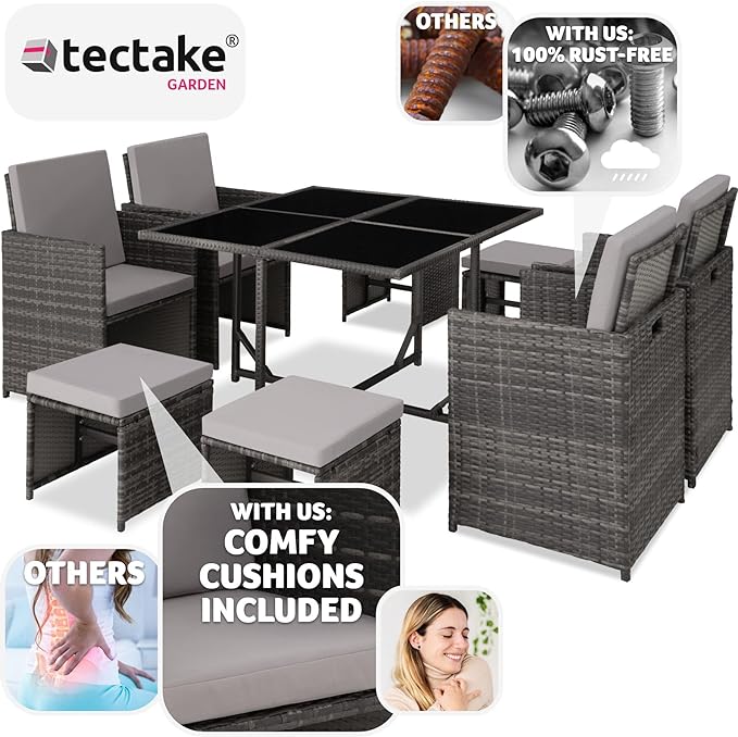 TecTake® Polyrattan Garden Furniture Set with Aluminium Base, Including 4 Dining Chairs, 1 Table, 4 Stools, Foldable Garden Lounge Set, For Up To 8 People, Patio Furniture - grey