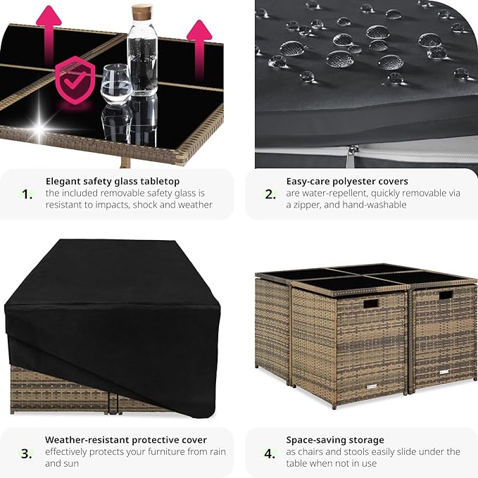 TecTake® Polyrattan Garden Furniture Set with Aluminium Base, Including 4 Dining Chairs, 1 Table, 4 Stools, Foldable Garden Lounge Set, For Up To 8 People, Patio Furniture - grey