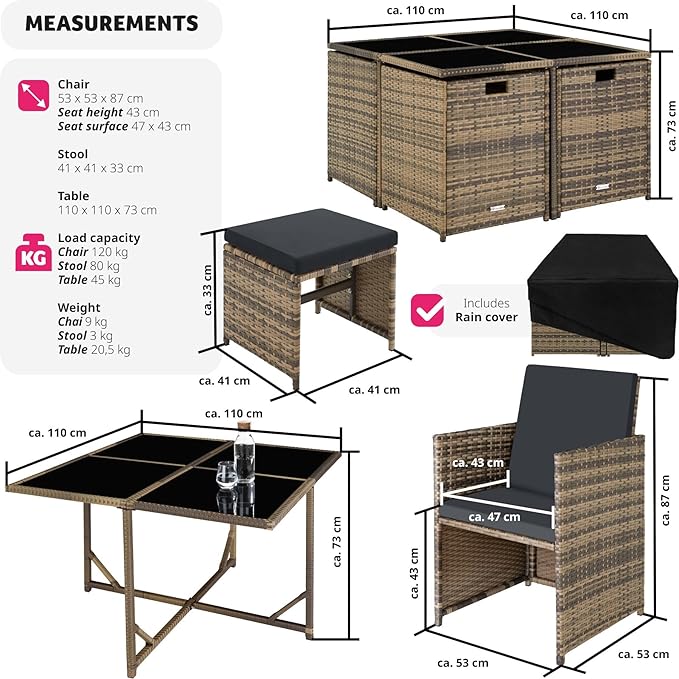 TecTake® Polyrattan Garden Furniture Set with Aluminium Base, Including 4 Dining Chairs, 1 Table, 4 Stools, Foldable Garden Lounge Set, For Up To 8 People, Patio Furniture - grey