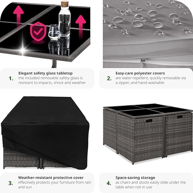 TecTake® Polyrattan Garden Furniture Set with Aluminium Base, Including 4 Dining Chairs, 1 Table, 4 Stools, Foldable Garden Lounge Set, For Up To 8 People, Patio Furniture - grey