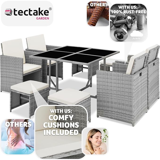 TecTake® Polyrattan Garden Furniture Set with Aluminium Base, Including 4 Dining Chairs, 1 Table, 4 Stools, Foldable Garden Lounge Set, For Up To 8 People, Patio Furniture - grey